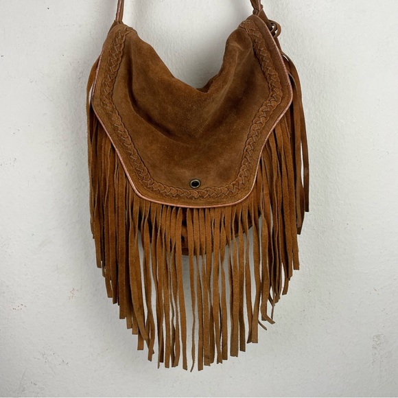 Vintage Suede Leather Fringed Shoulder Bag Boho - Picture 2 of 14
